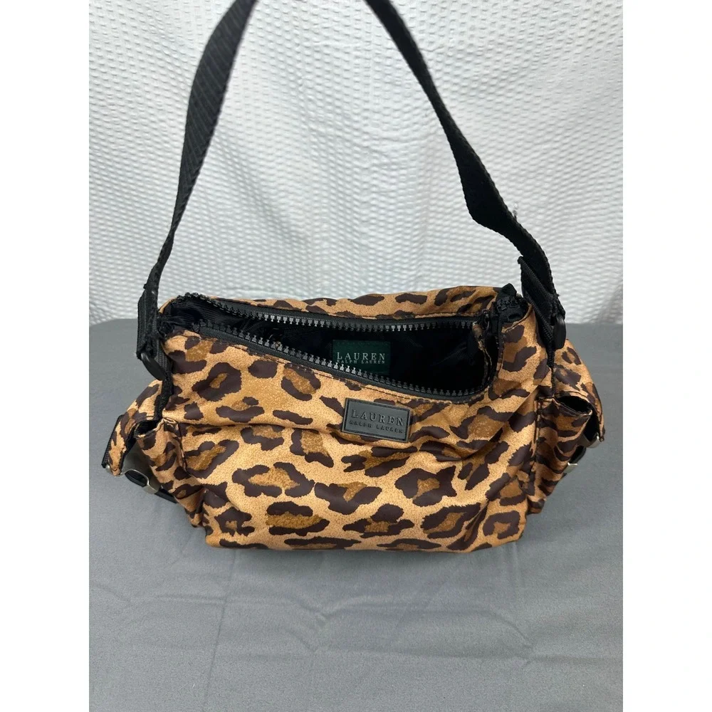Lauren Ralph Lauren Leopard Print Shoulder Bag Black Strap Zip Close Nylon EUC!